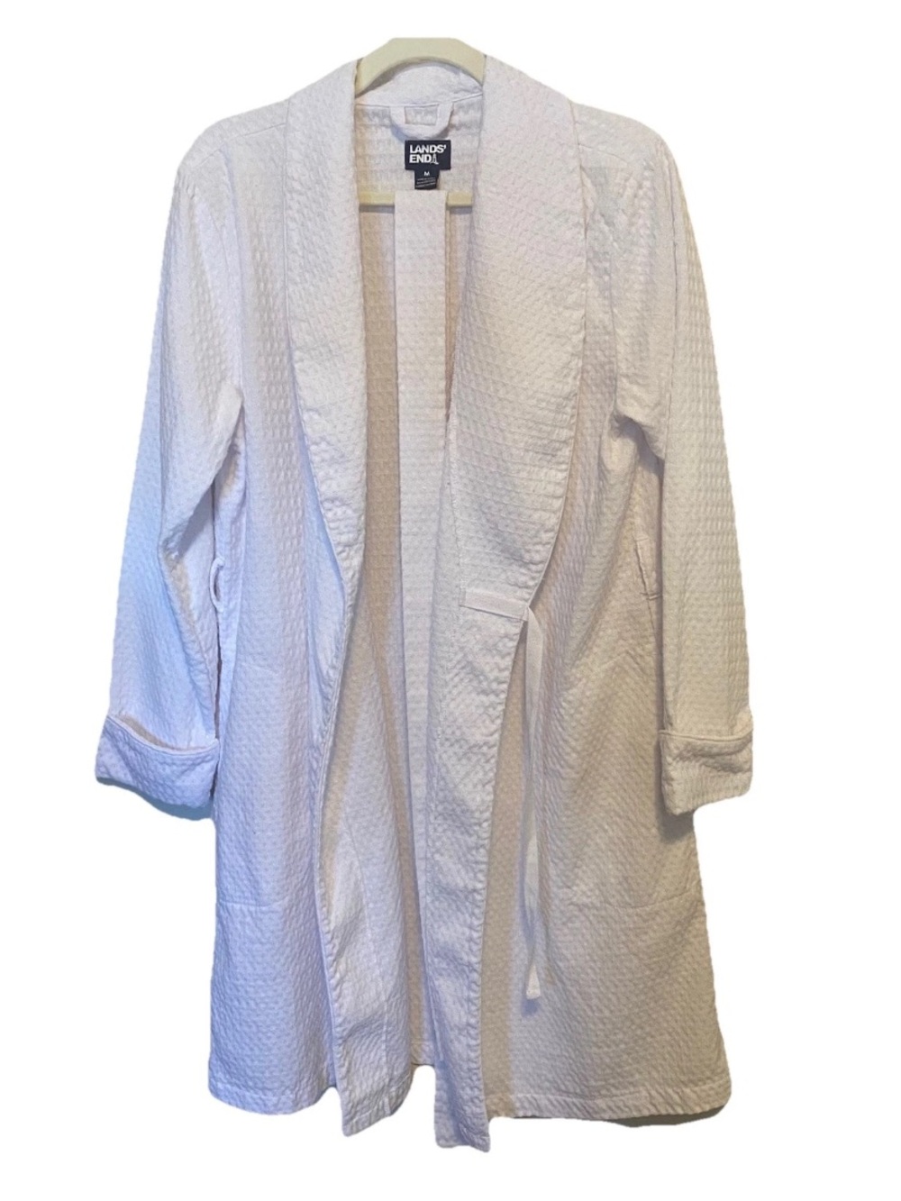 Lands' End White Waffle Knit Resort Robe with Tie Waist- Lightweight, 60% Cotton